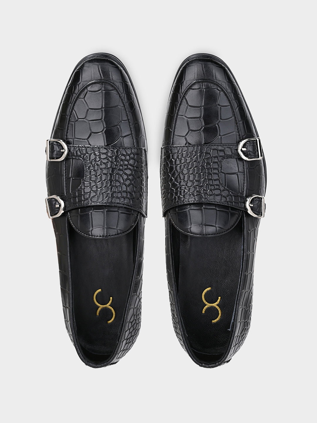 Black Crocodile-Effect Double Monk Shoes