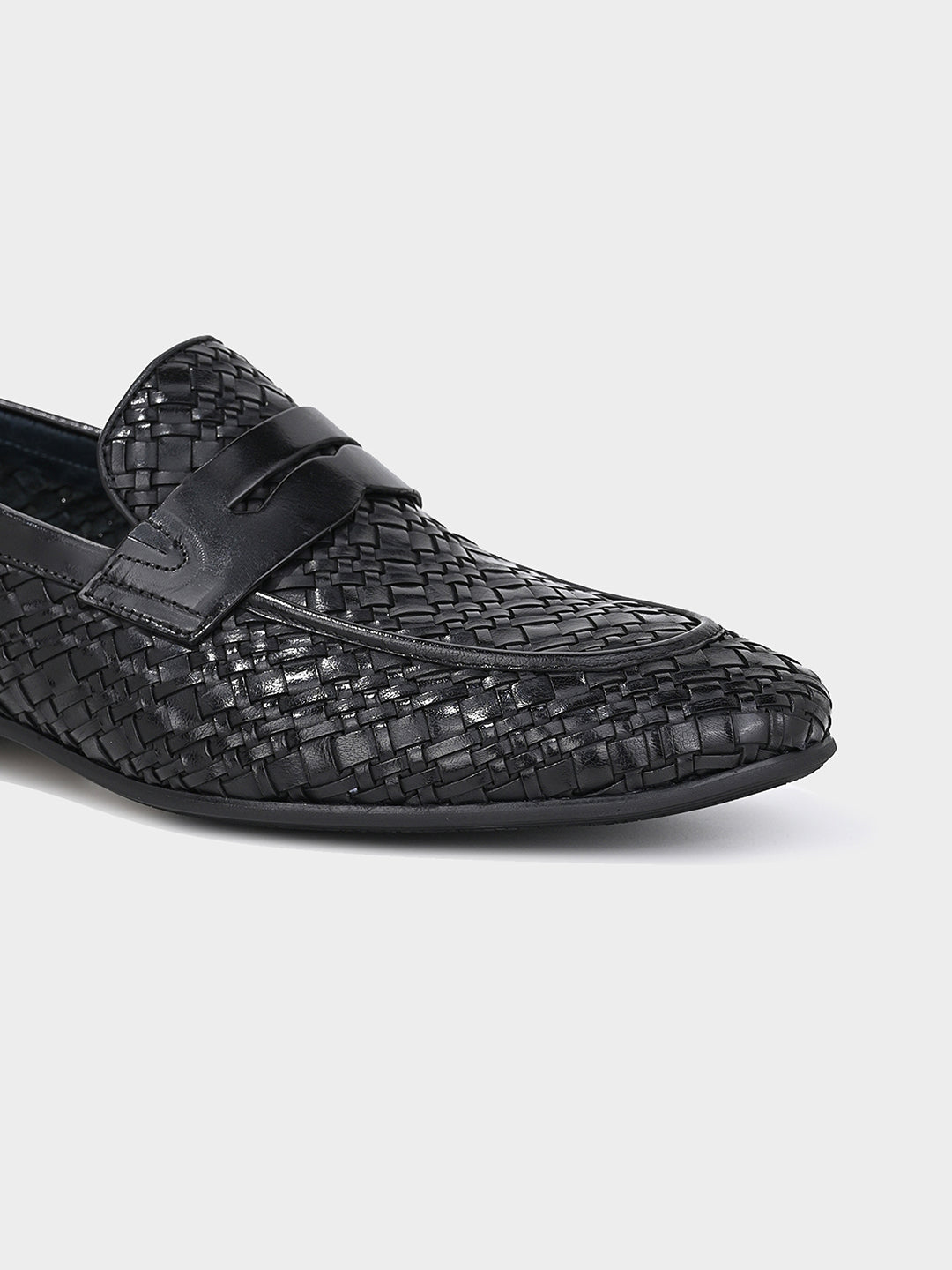 Black Woven Leather Penny Loafer