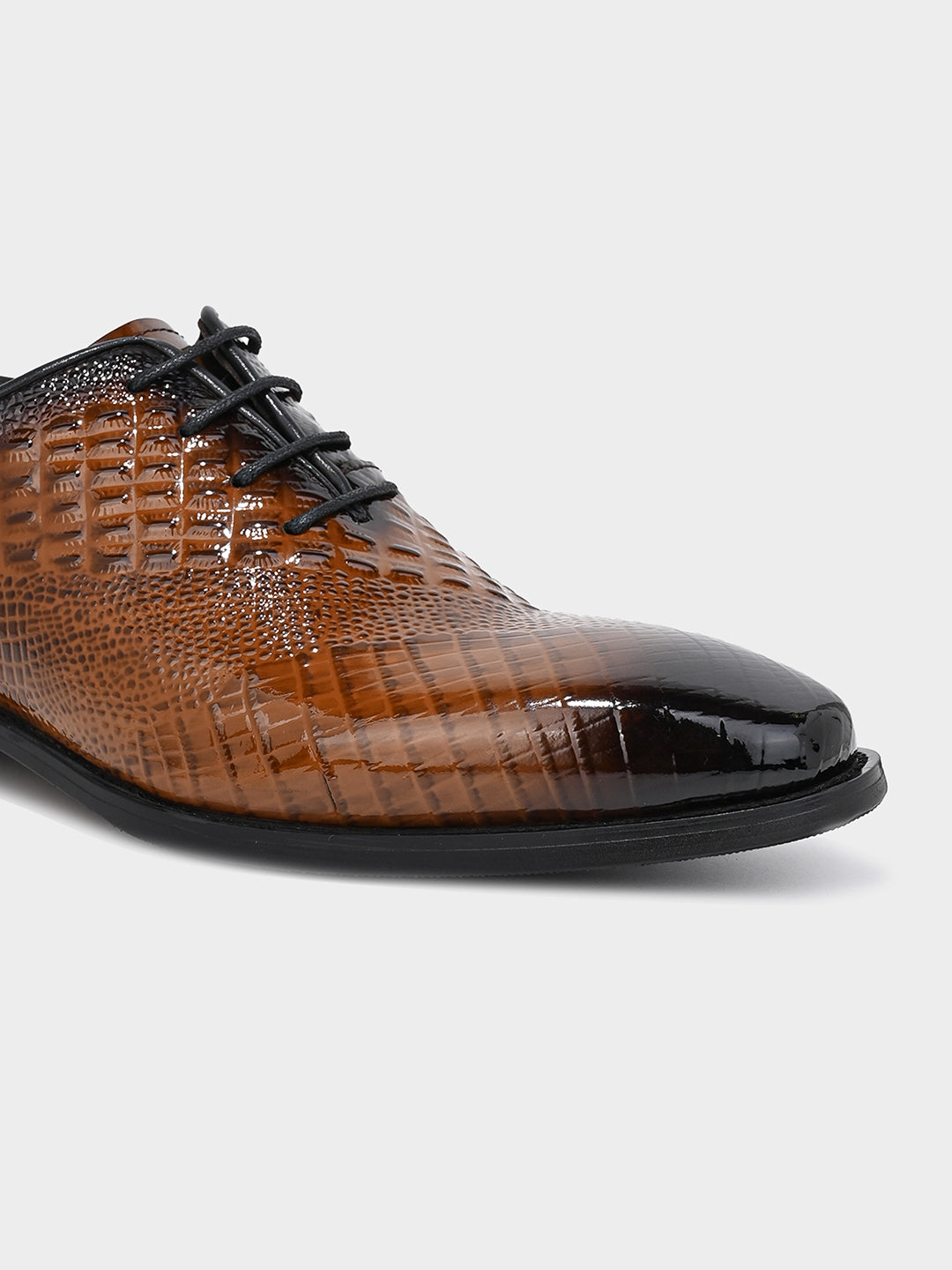 Tan Crocodile-Embossed Leather Oxford Dress Shoes