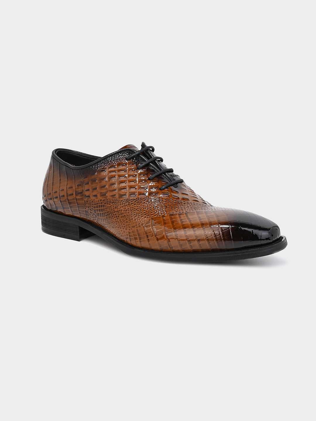 Tan Crocodile-Embossed Leather Oxford Dress Shoes