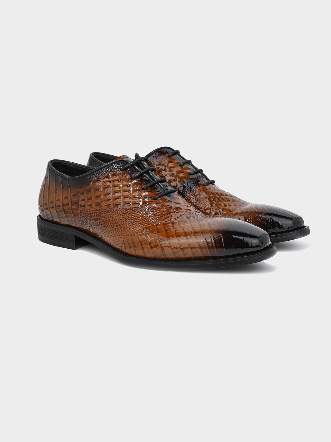 Tan Crocodile-Embossed Leather Oxford Dress Shoes