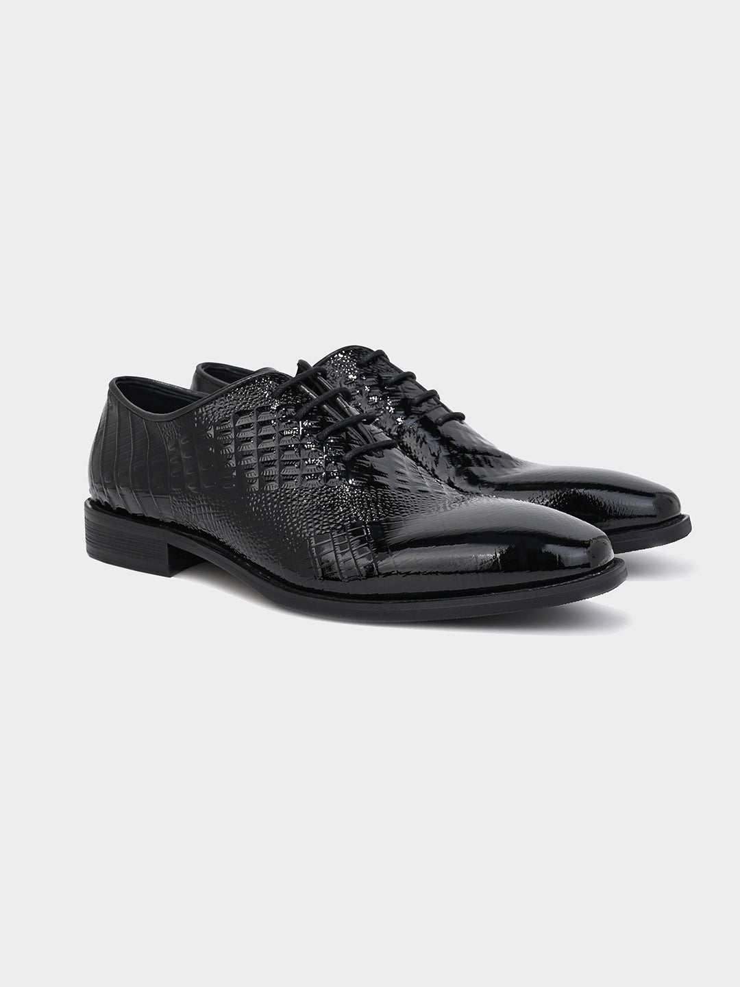 Black Crocodile-Embossed Leather Oxford Dress Shoes