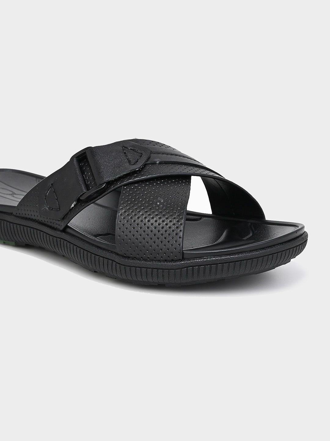 Black Leather Cross-Strap Slippers