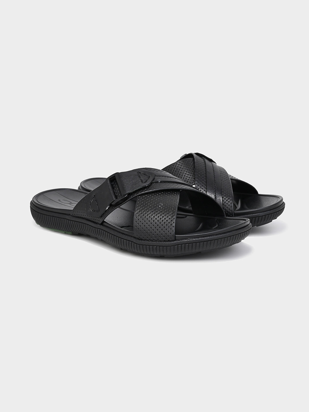 Black Leather Cross-Strap Slippers