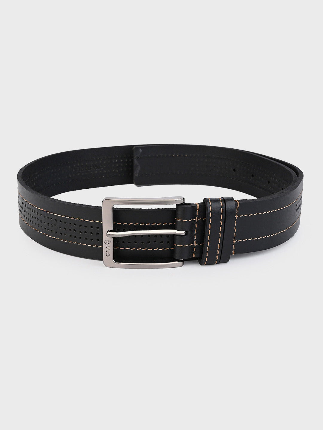 One8 Black Perforated Leather Belt with Nickel Buckle