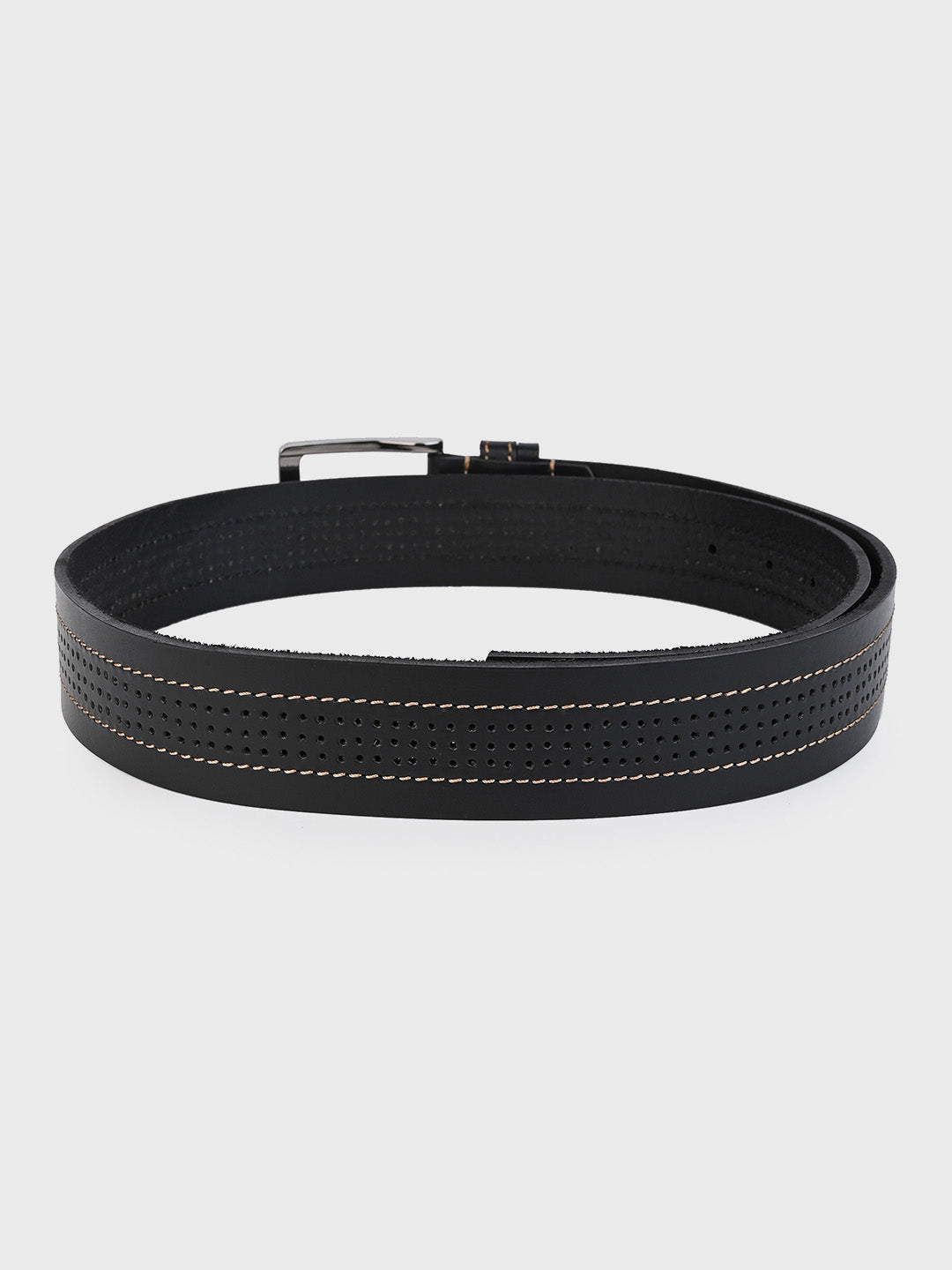 One8 Black Perforated Leather Belt with Nickel Buckle