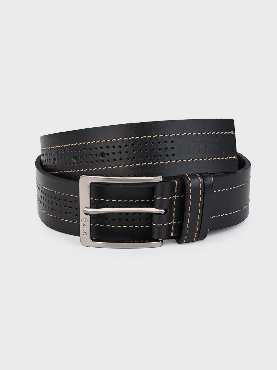 One8 Black Perforated Leather Belt with Nickel Buckle