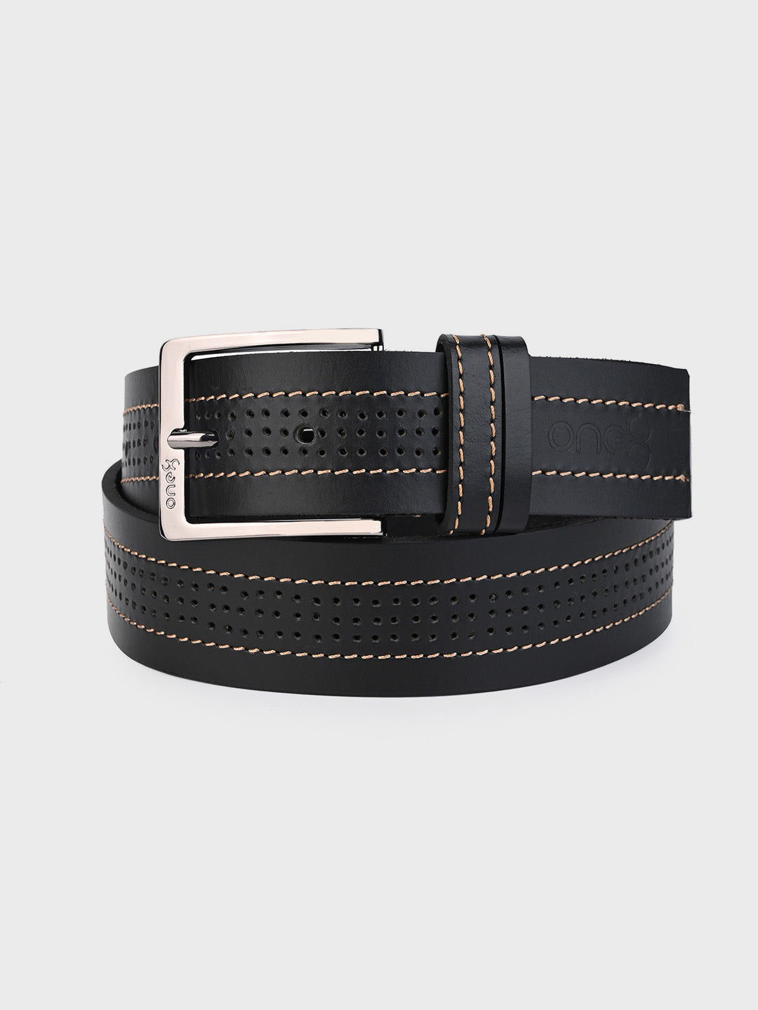 One8 Black Perforated Leather Belt with Nickel Buckle