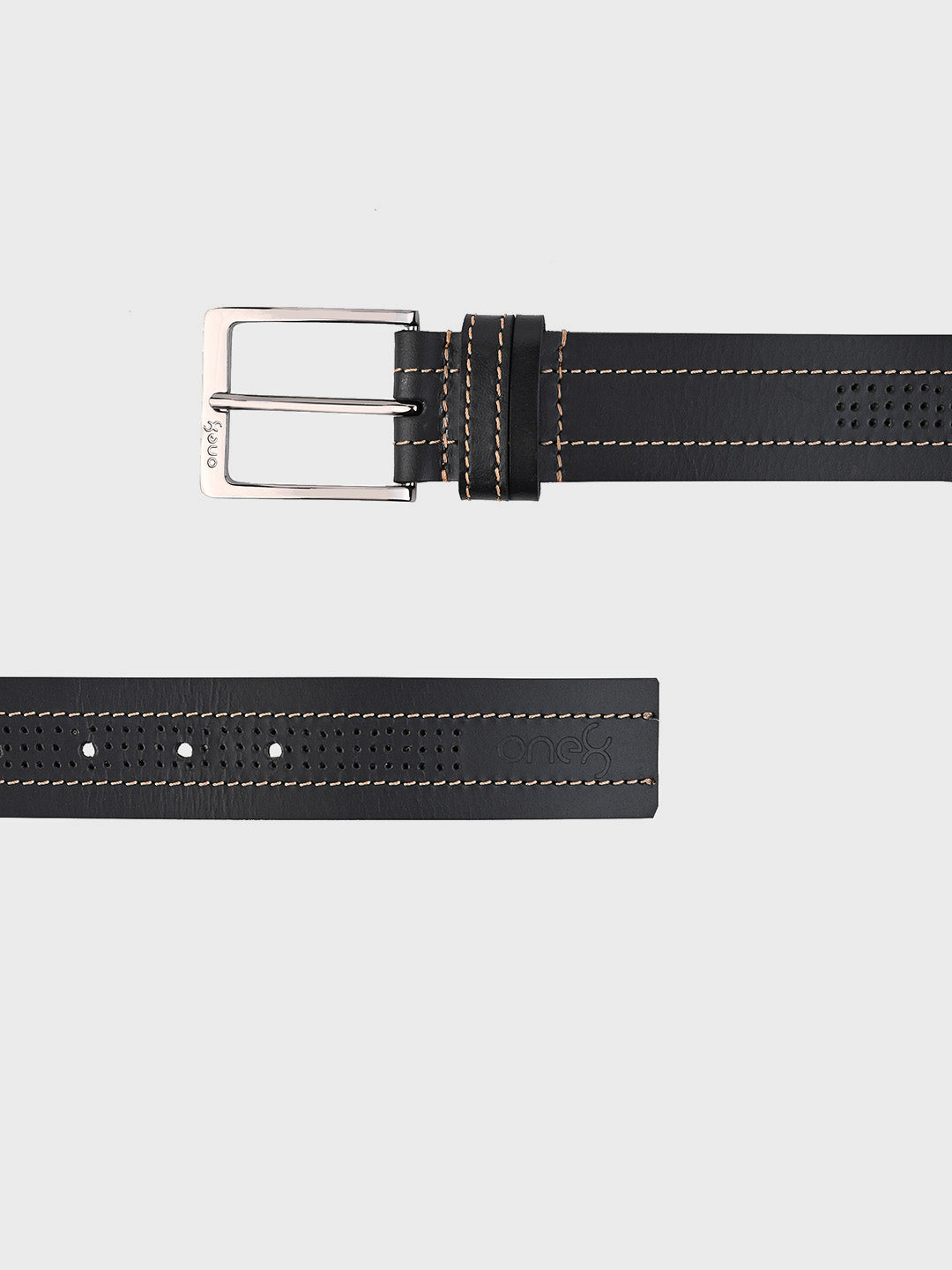 One8 Black Perforated Leather Belt with Nickel Buckle