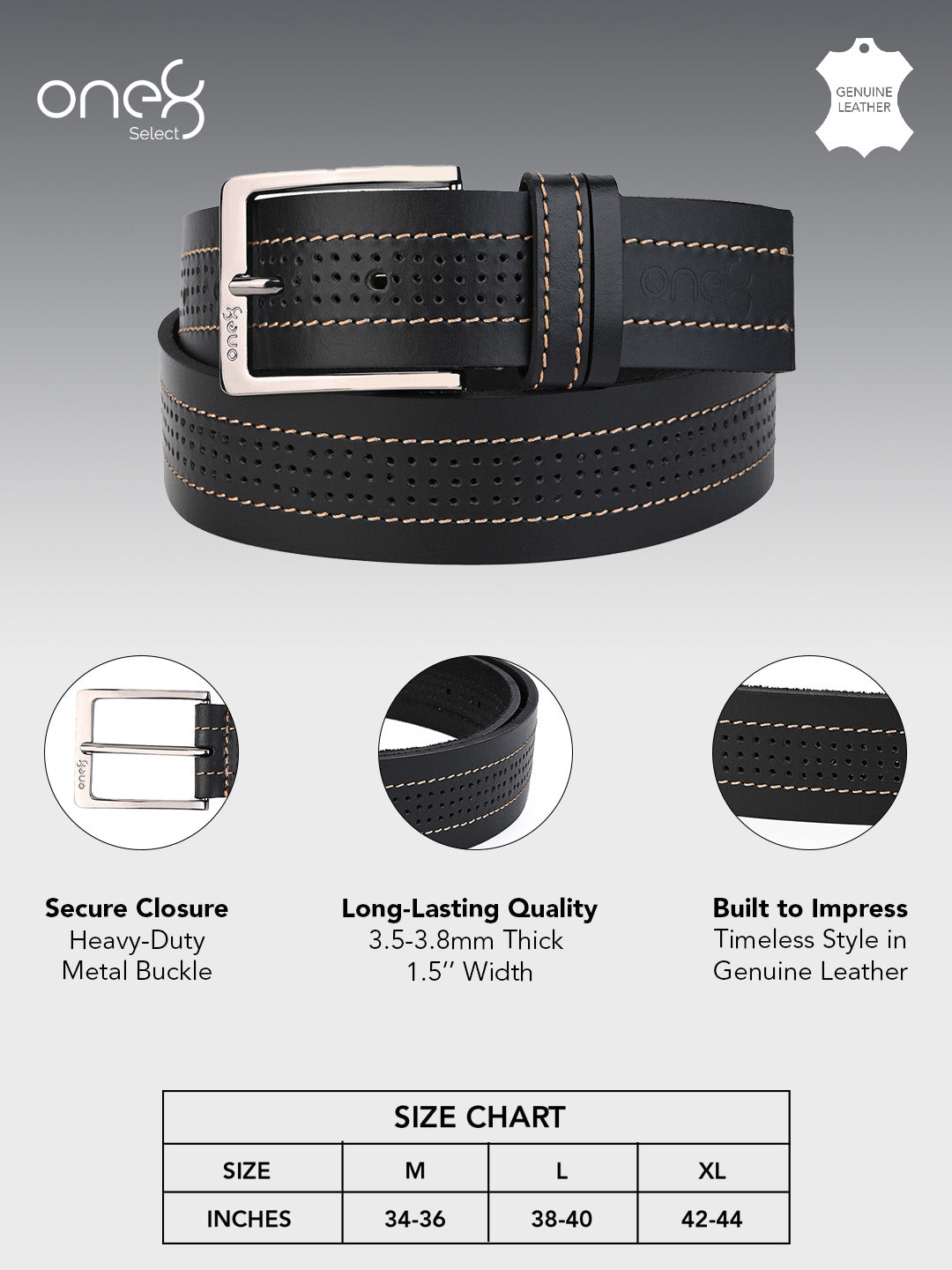 One8 Black Perforated Leather Belt with Nickel Buckle