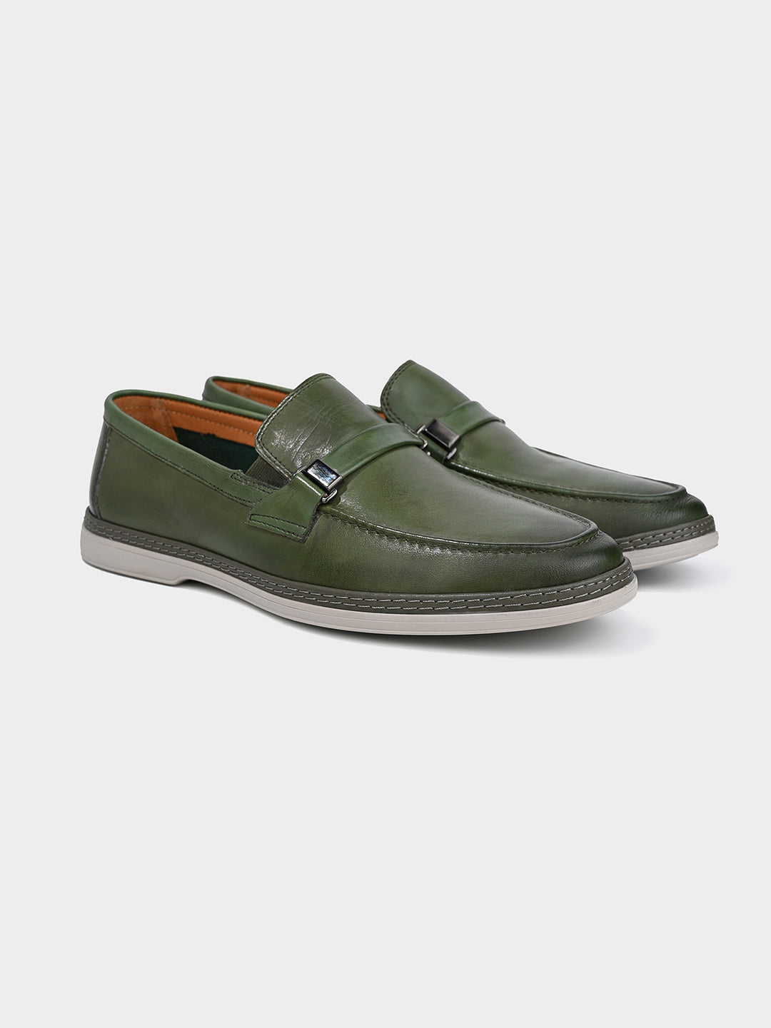 Olive Leather Penny Loafer Shoes