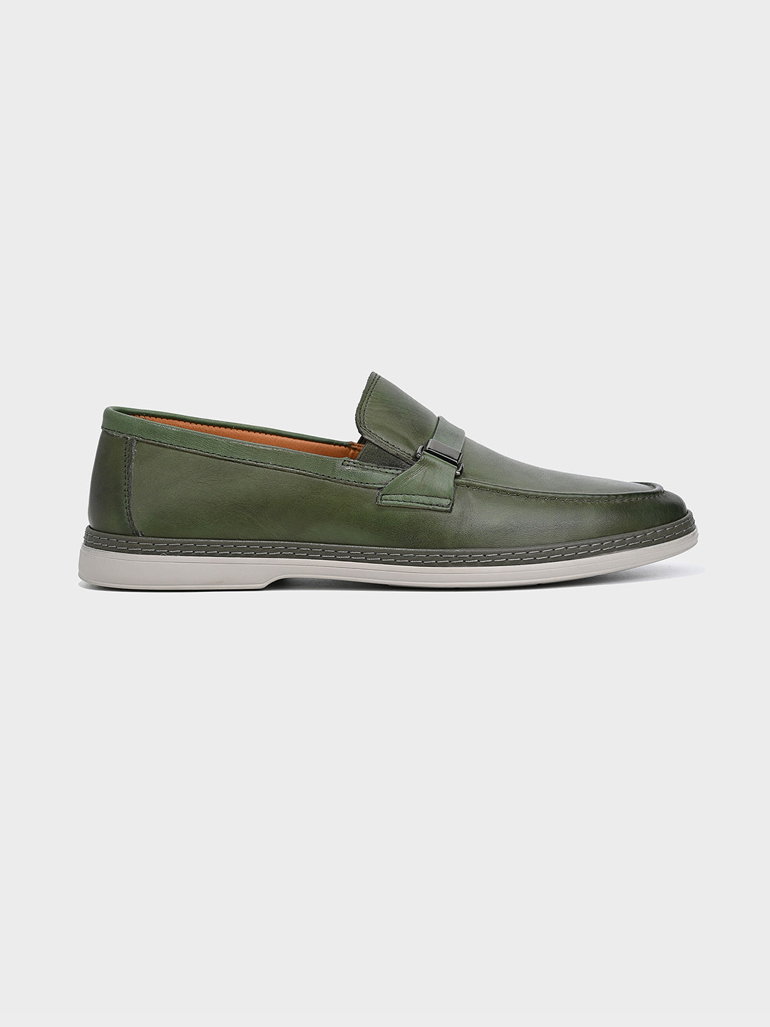 Olive Leather Penny Loafer Shoes