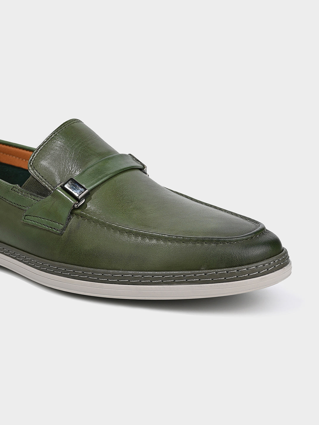 Olive Leather Penny Loafer Shoes