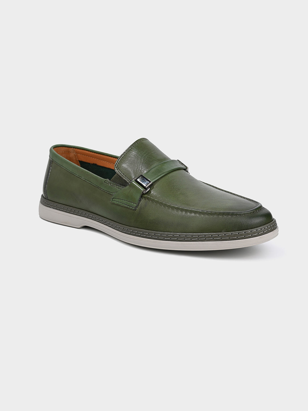 Olive Leather Penny Loafer Shoes