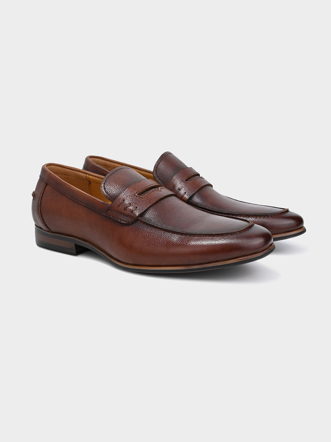 Tan Men's Textured Leather Penny Loafer Shoes