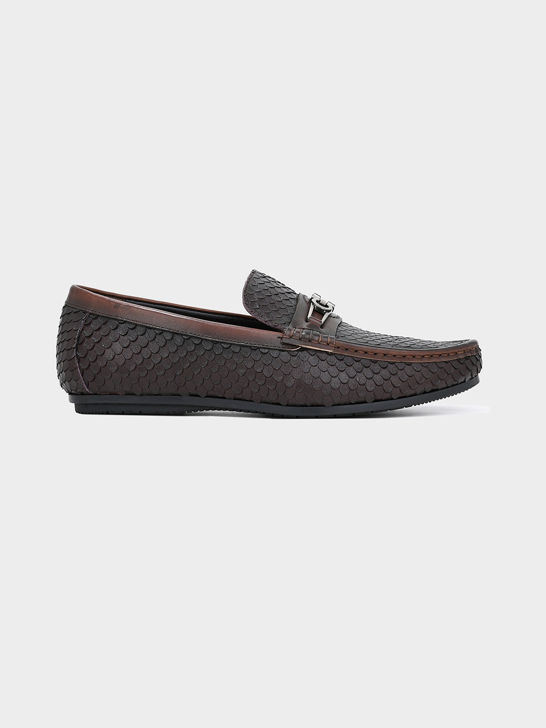 Brown Textured Slip-On Loafers