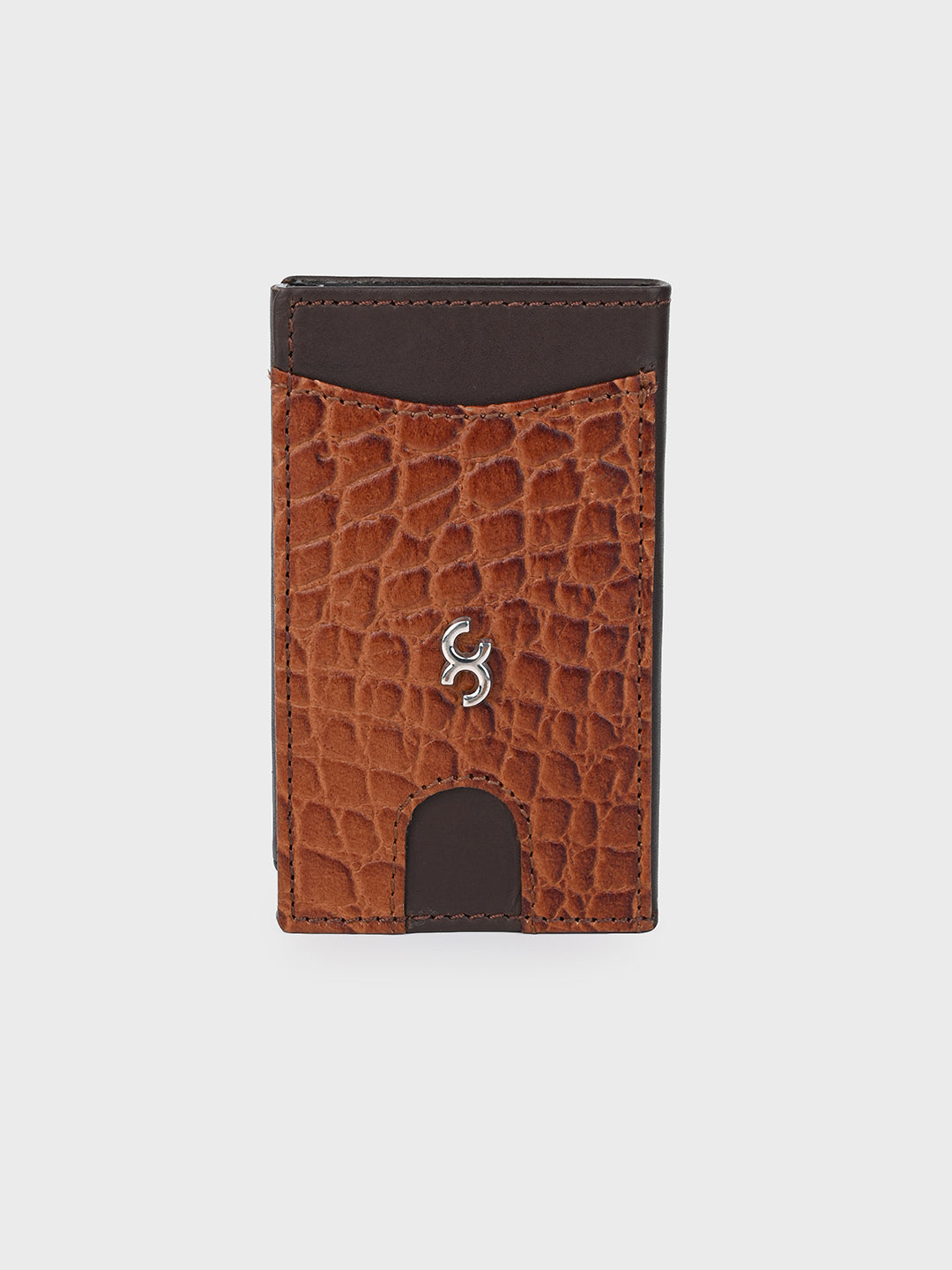 Tan Pop-Up Card Holder with Crocodile-Embossed Leather Cover