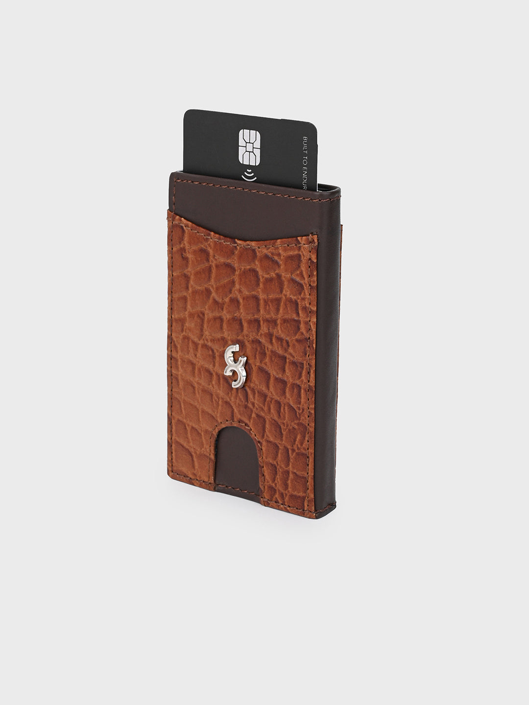 Tan Pop-Up Card Holder with Crocodile-Embossed Leather Cover