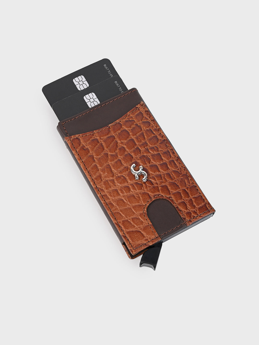 Tan Pop-Up Card Holder with Crocodile-Embossed Leather Cover