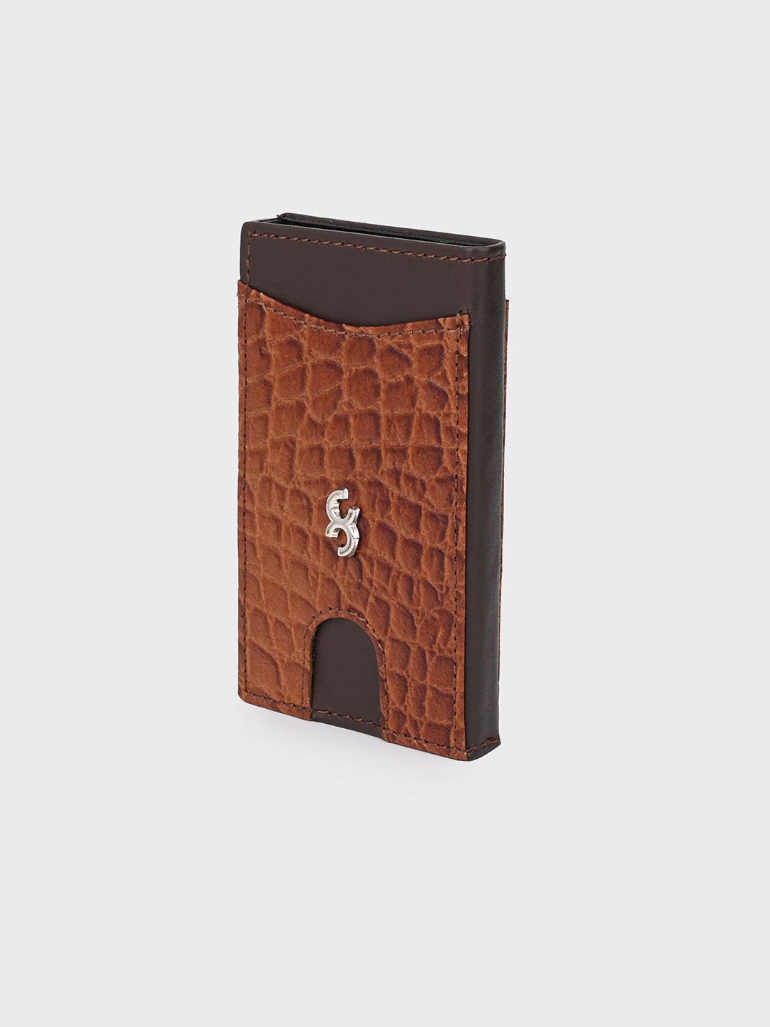 Tan Pop-Up Card Holder with Crocodile-Embossed Leather Cover