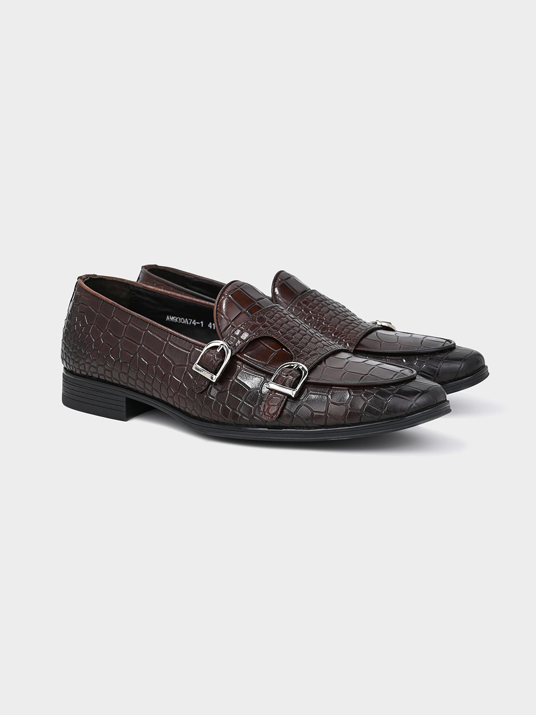 Brown Crocodile-Effect Double Monk Shoes