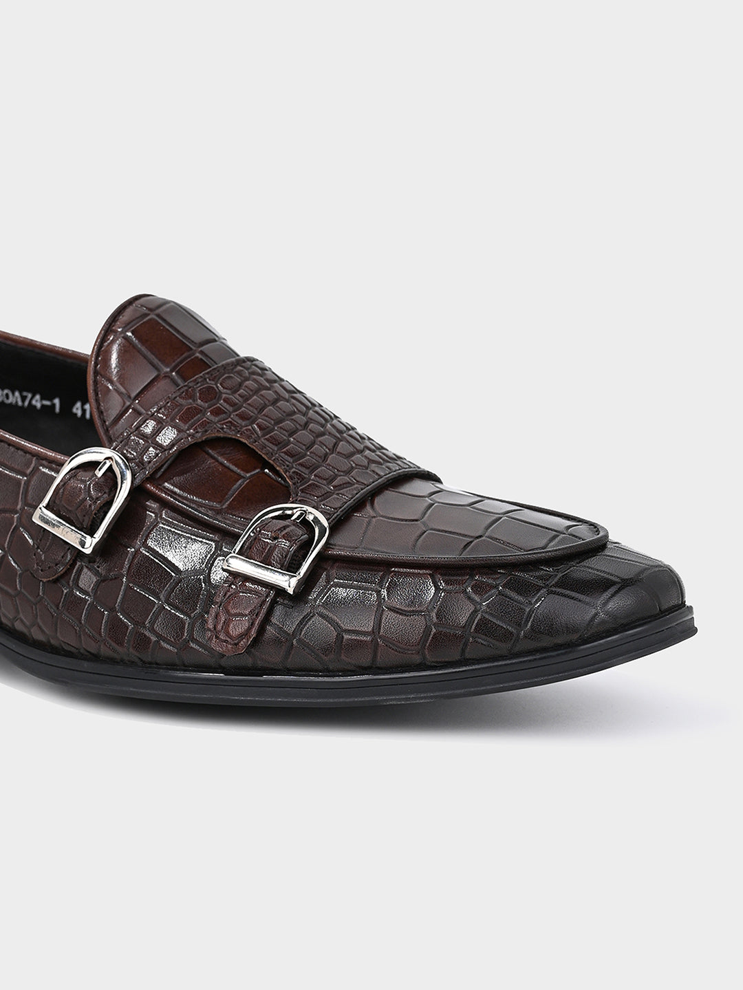 Brown Crocodile-Effect Double Monk Shoes