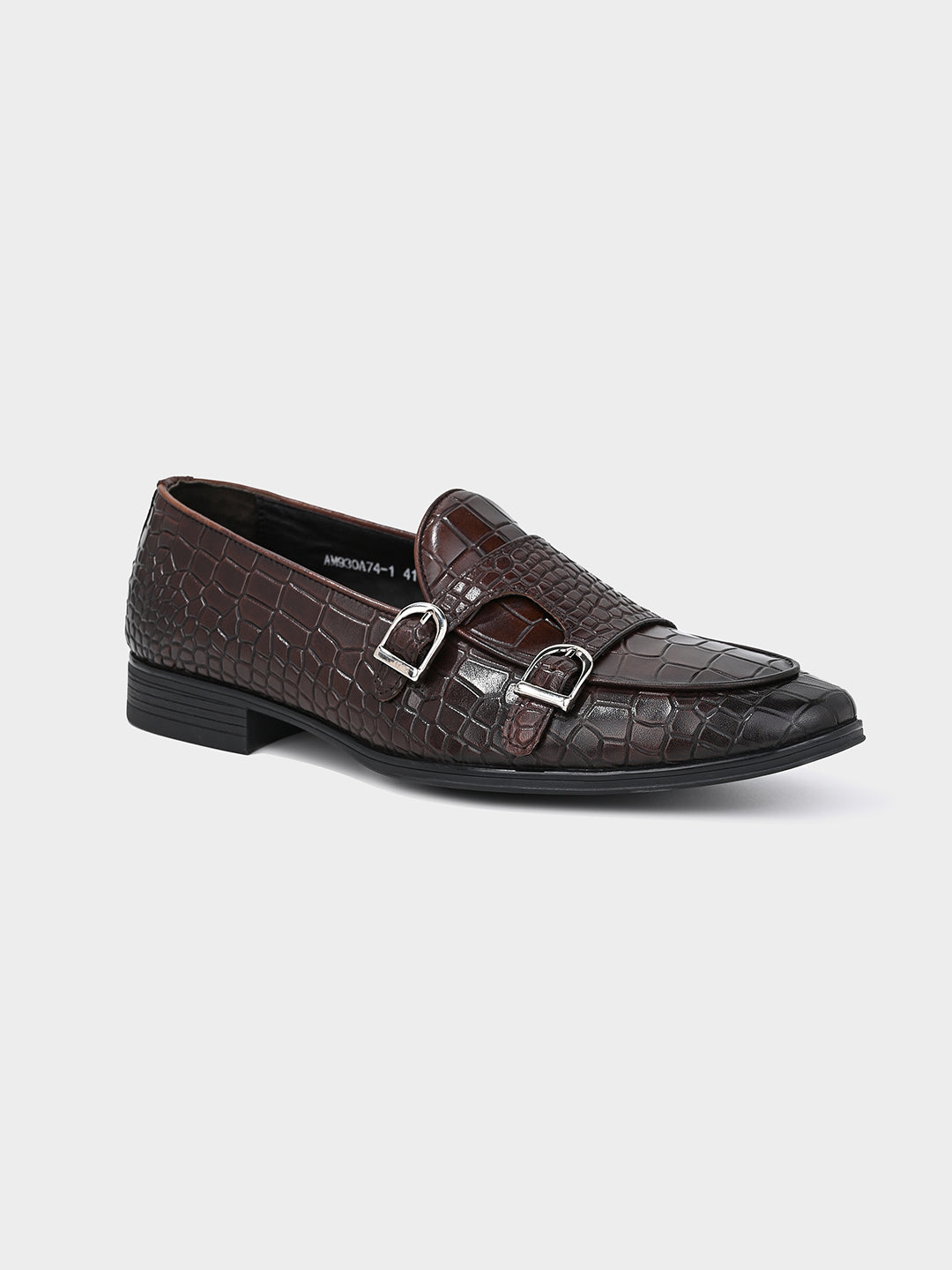 Brown Crocodile-Effect Double Monk Shoes