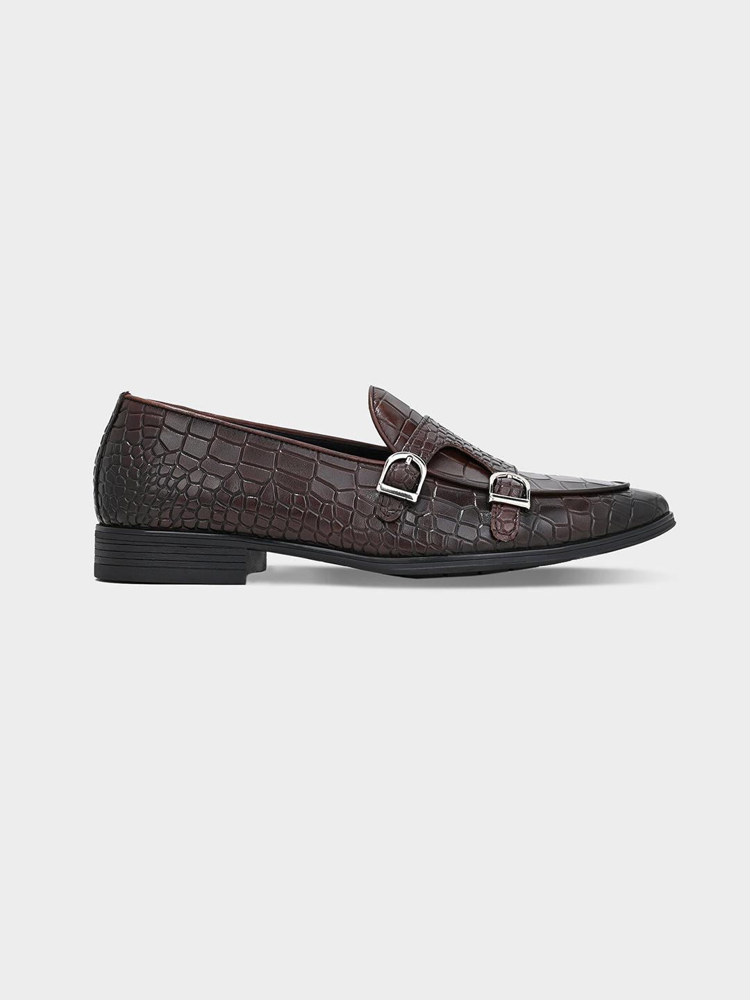 Brown Crocodile-Effect Double Monk Shoes