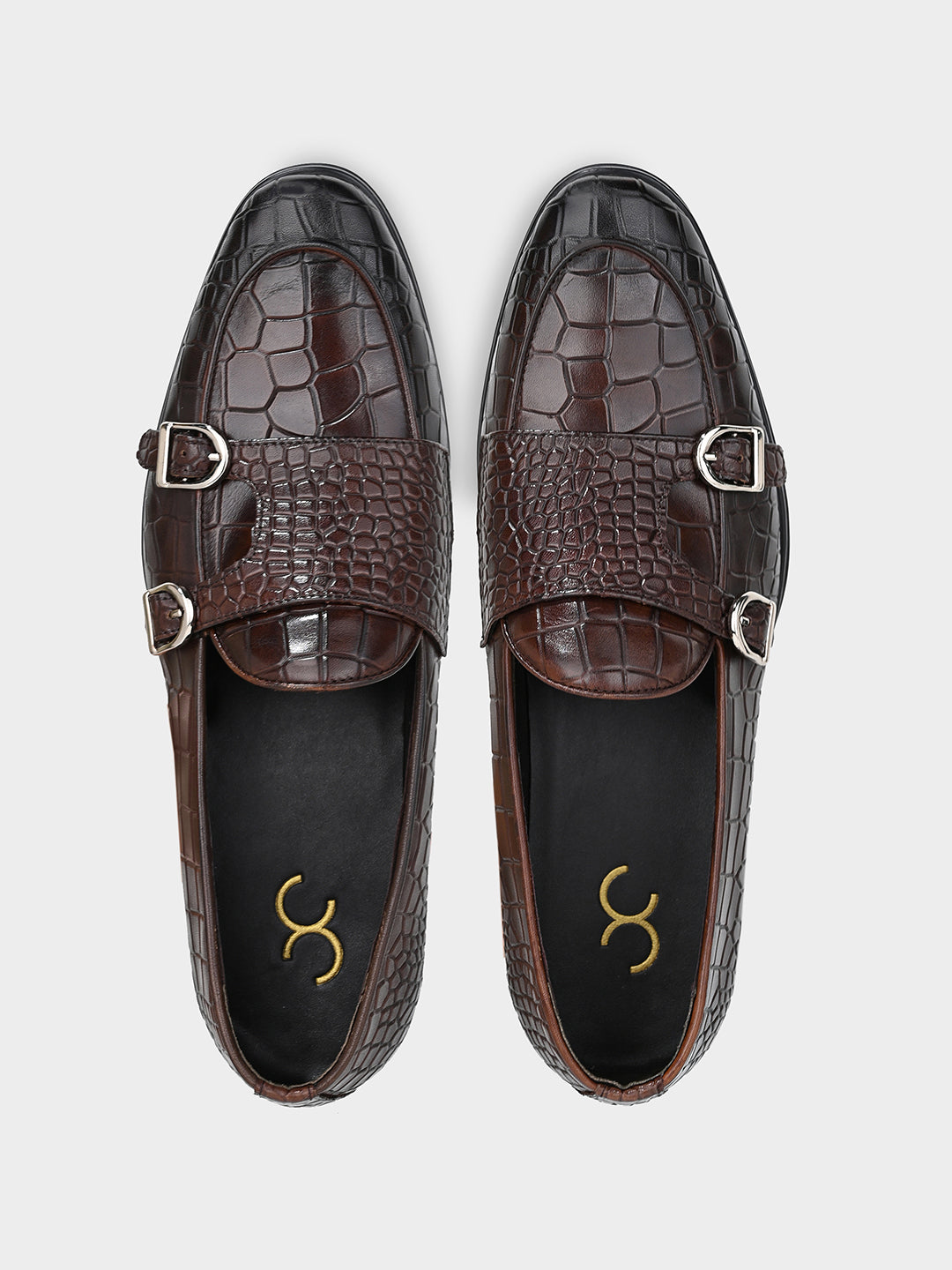 Brown Crocodile-Effect Double Monk Shoes