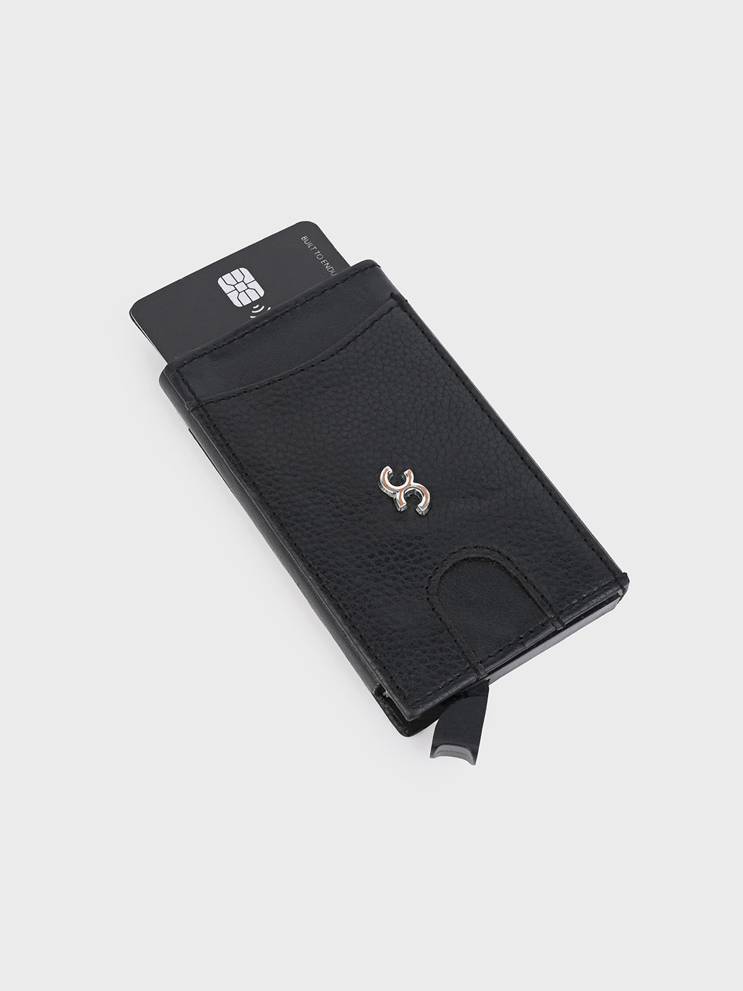 Black Aluminum Pop-Up Card Holder with Leather Cover