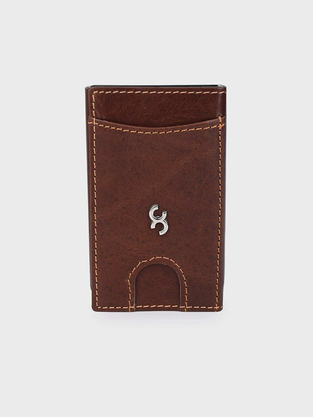 Brown Aluminum Pop-Up Card Holder with Leather Cover