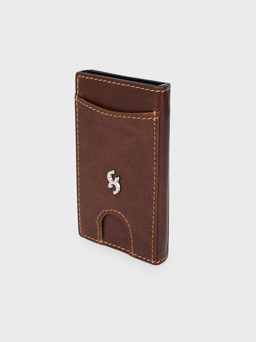 Brown Aluminum Pop-Up Card Holder with Leather Cover