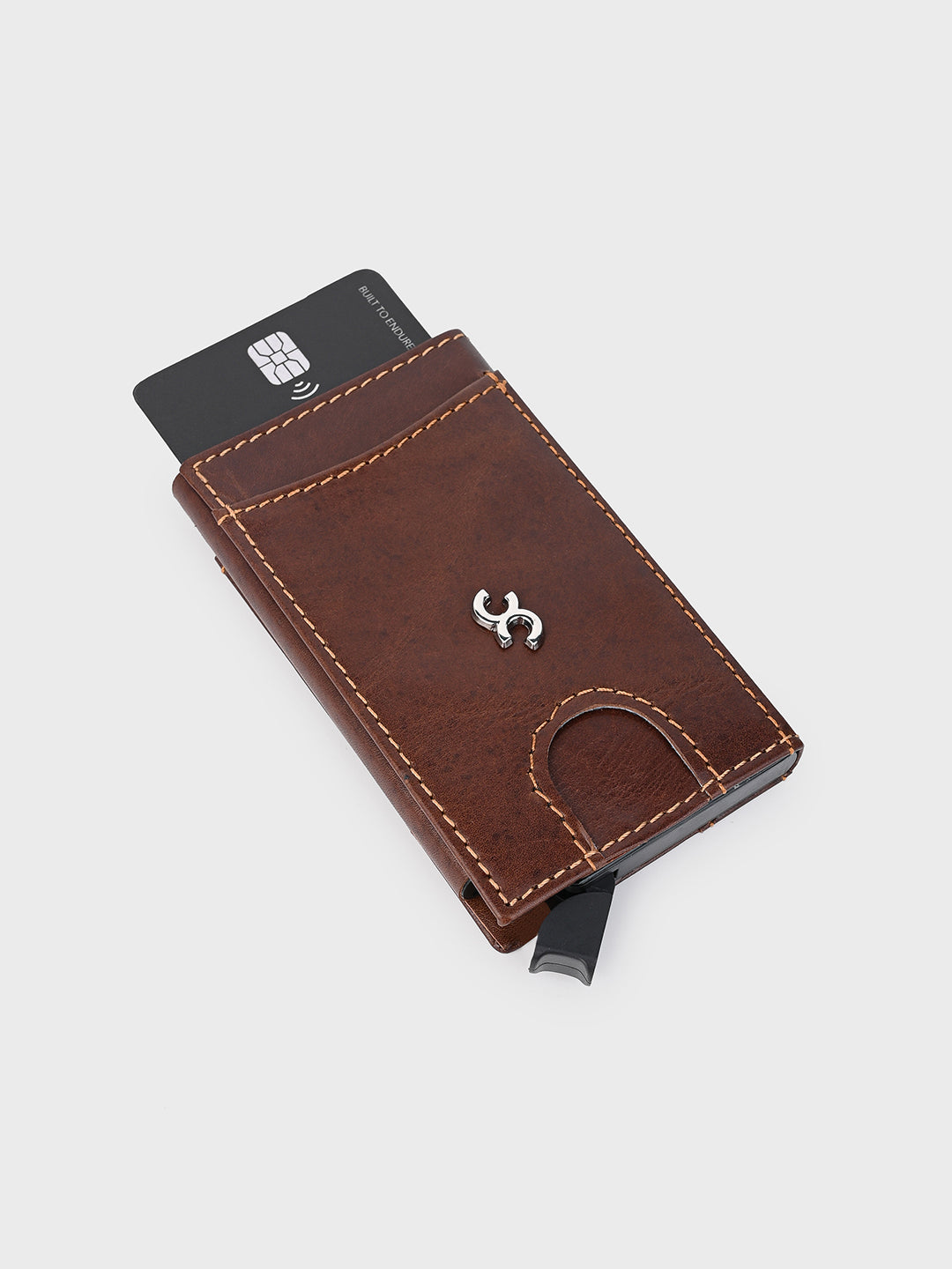 Brown Aluminum Pop-Up Card Holder with Leather Cover