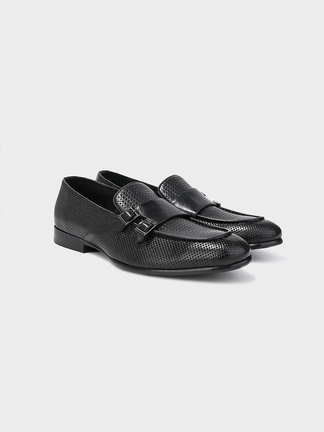 Men's Black Leather Monk Strap Slip-On Shoes