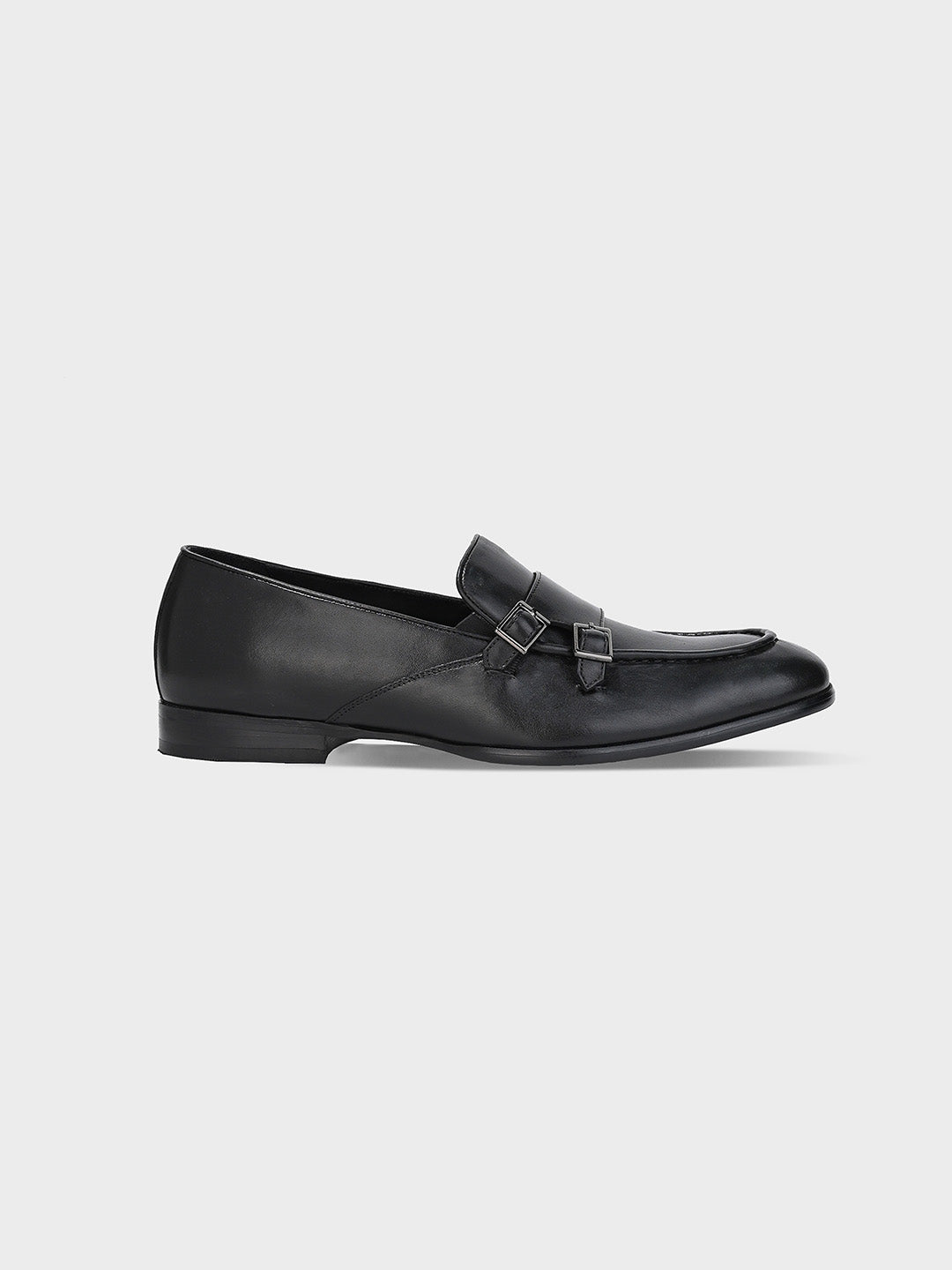 Black Leather Monk Slip-on Shoes
