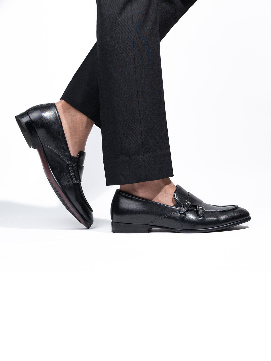 Black Leather Monk Slip-on Shoes