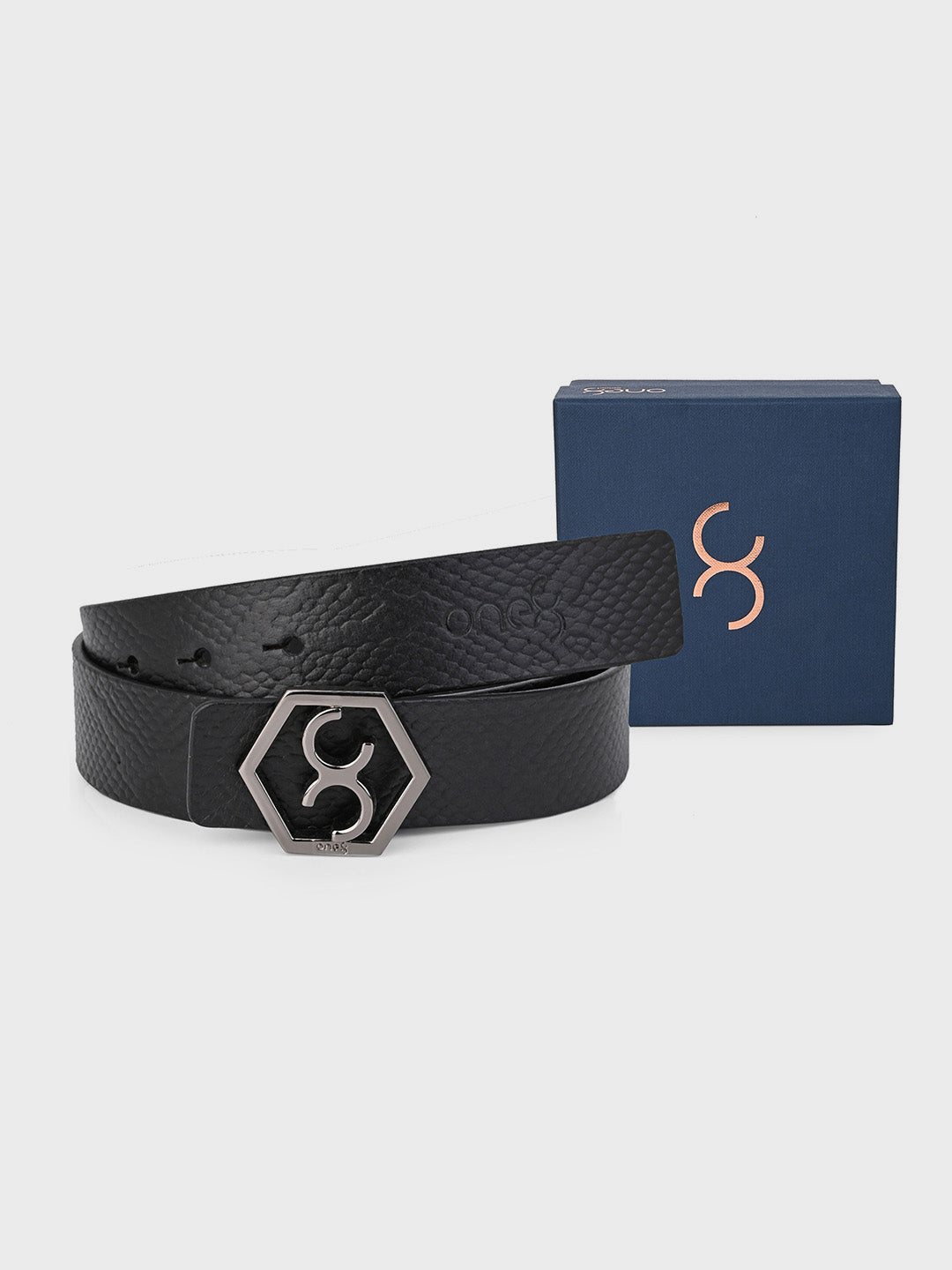 Black Embossed Signature Hexagon Buckle Belt