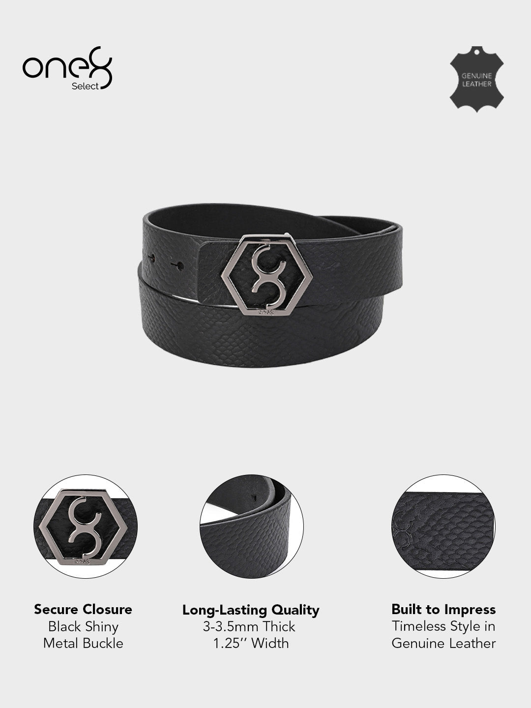 Black Embossed Signature Hexagon Buckle Belt