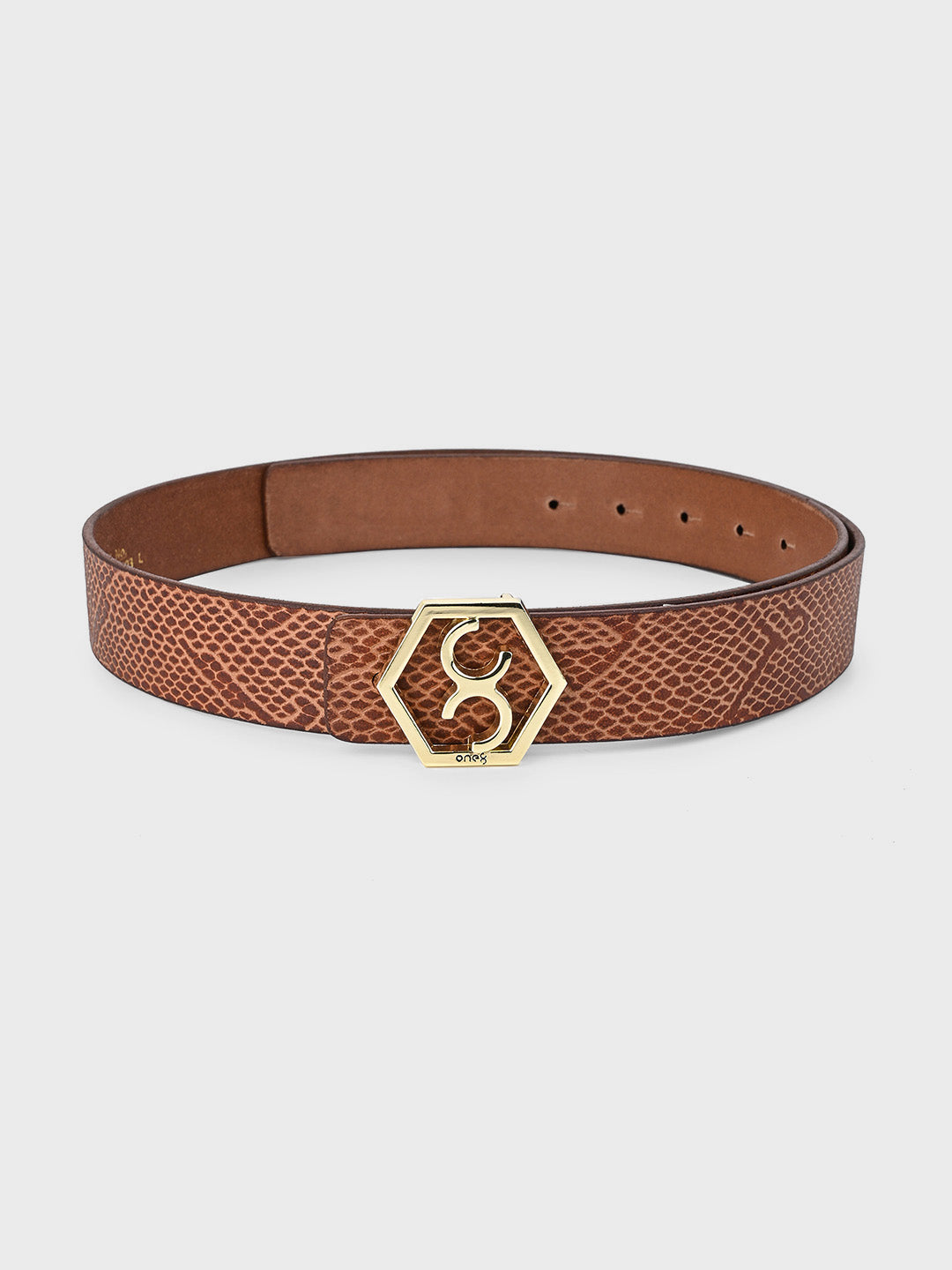 Tan Embossed Signature Hexagon Buckle Belt