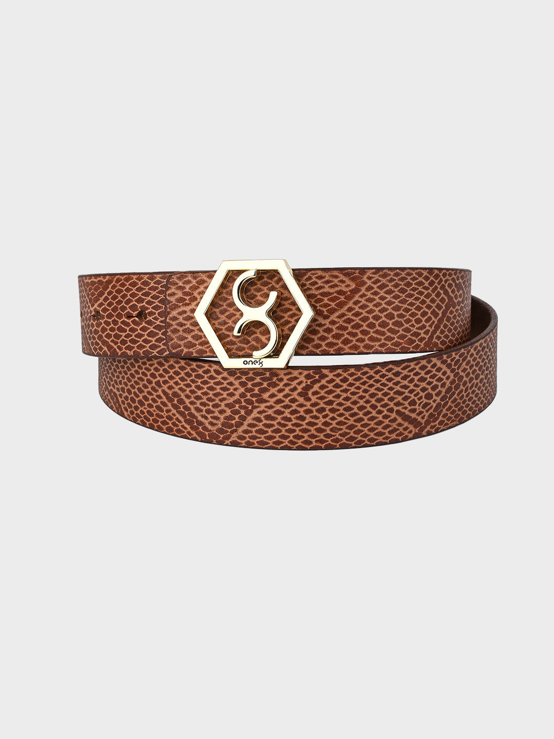 Tan Embossed Signature Hexagon Buckle Belt