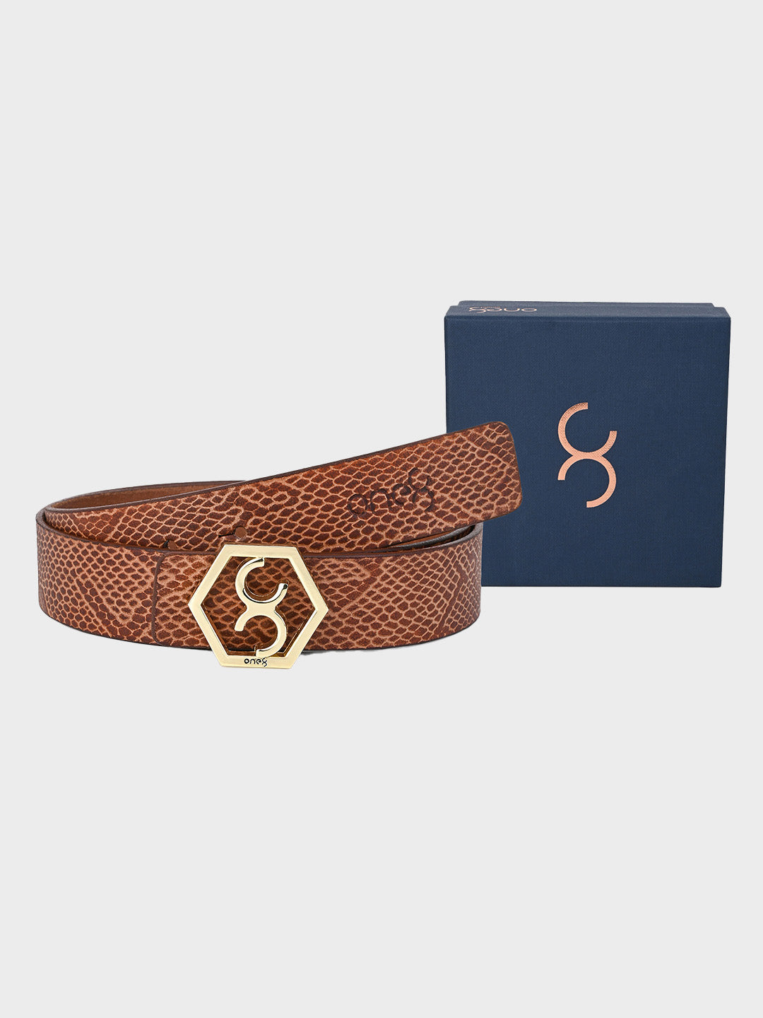 Tan Embossed Signature Hexagon Buckle Belt