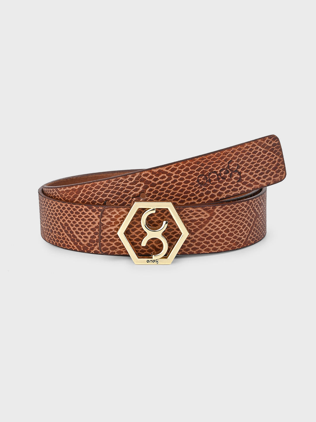 Tan Embossed Signature Hexagon Buckle Belt