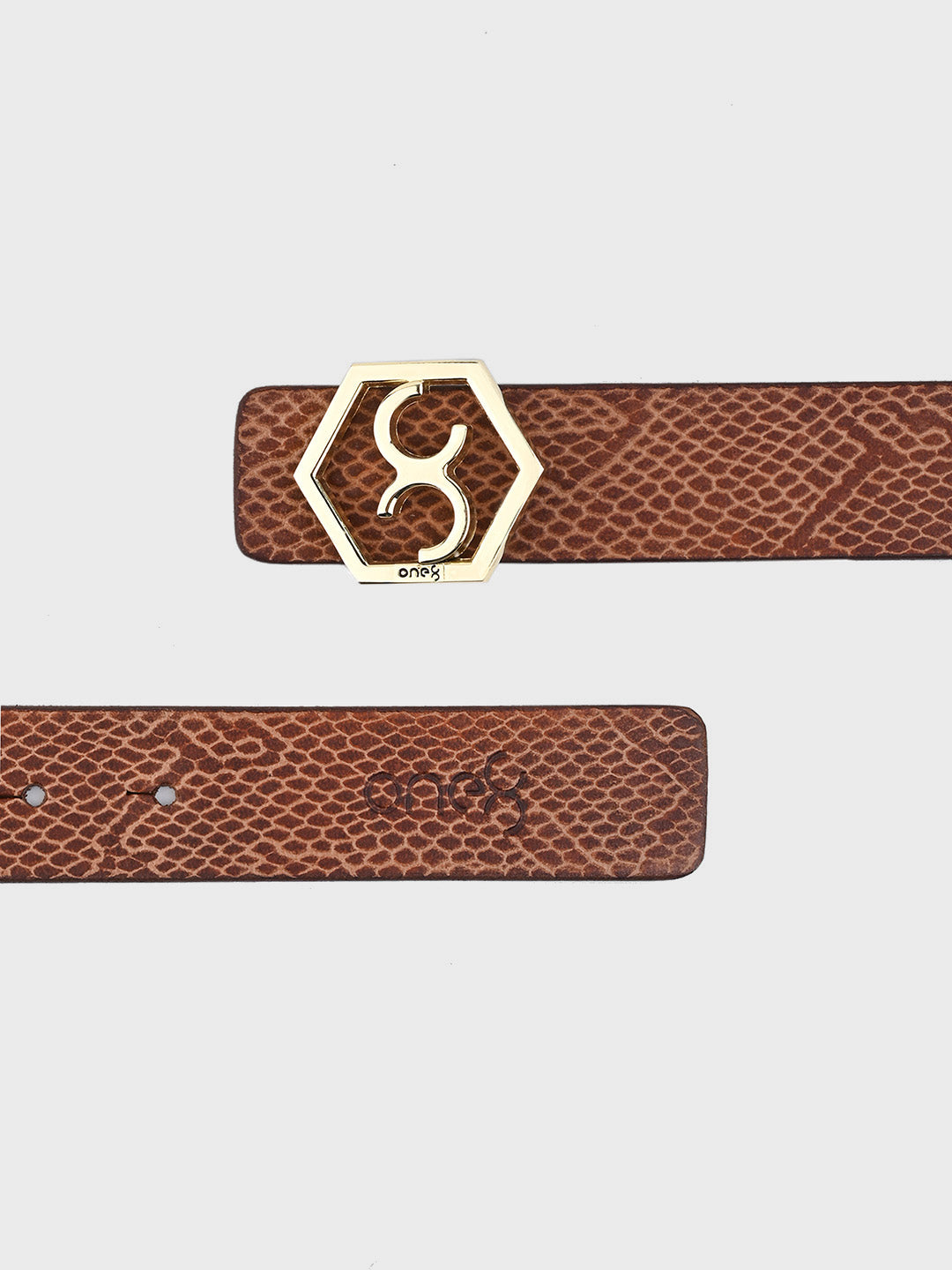 Tan Embossed Signature Hexagon Buckle Belt