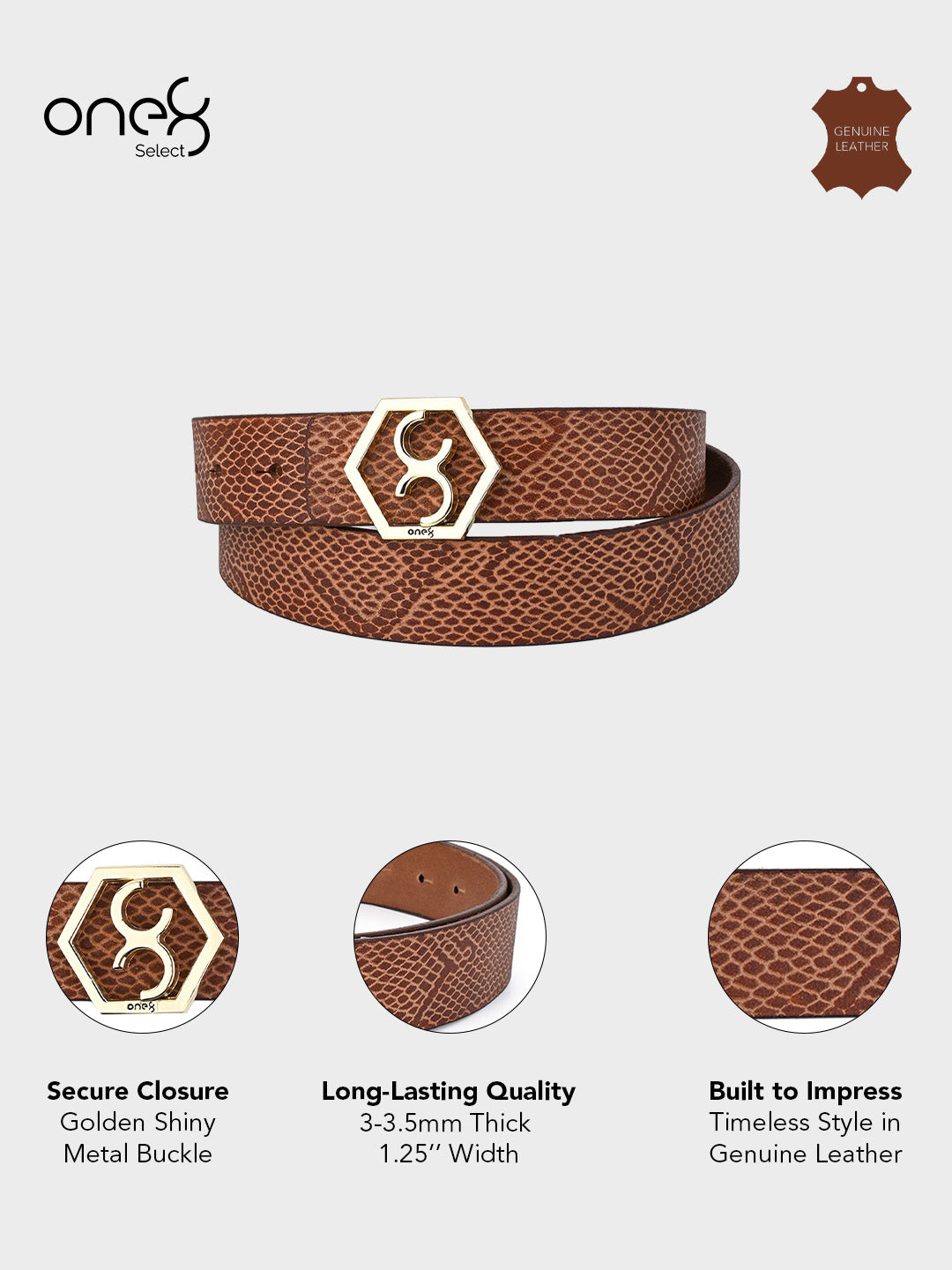 Tan Embossed Signature Hexagon Buckle Belt