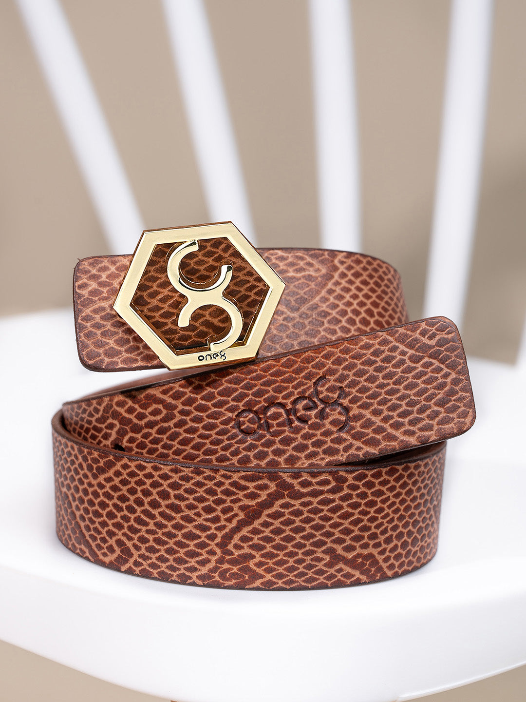 Tan Embossed Signature Hexagon Buckle Belt