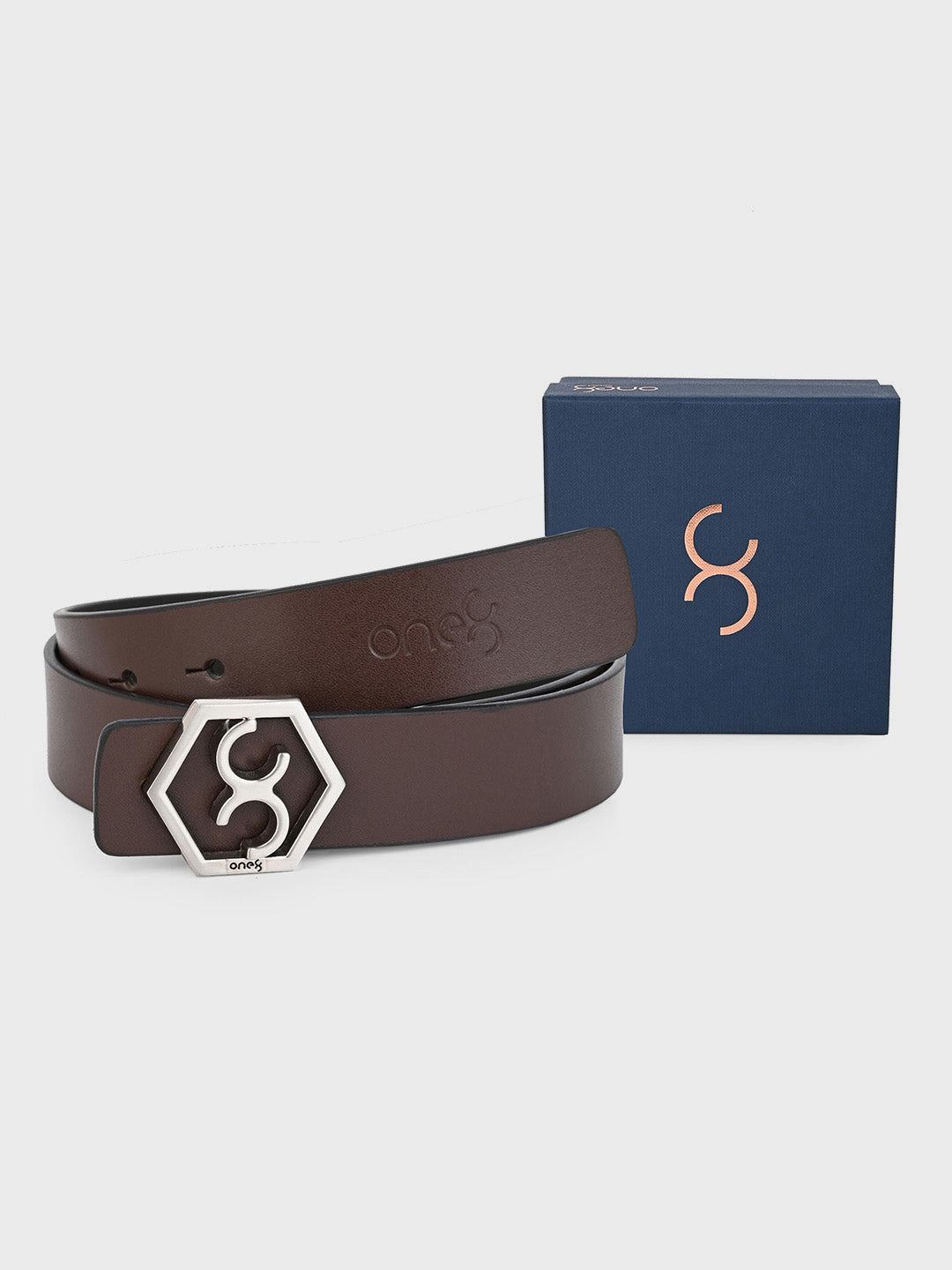 Brown Signature Hexagon Buckle Belt