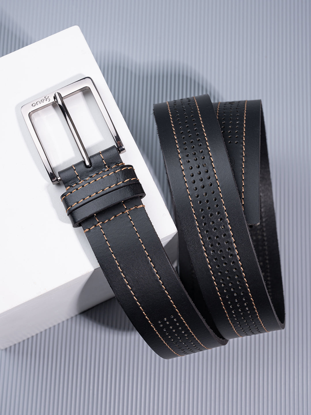 One8 Black Perforated Leather Belt with Nickel Buckle