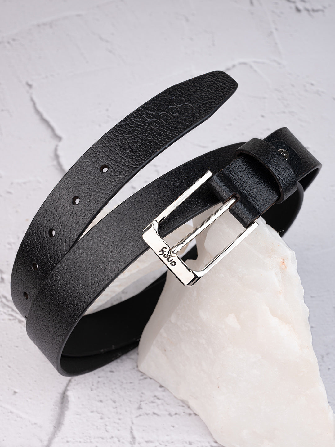 Textured Black Leather Belt with Silver Buckle