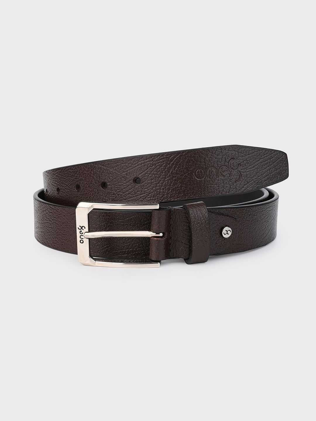 Textured Brown Leather Belt with Silver Buckle