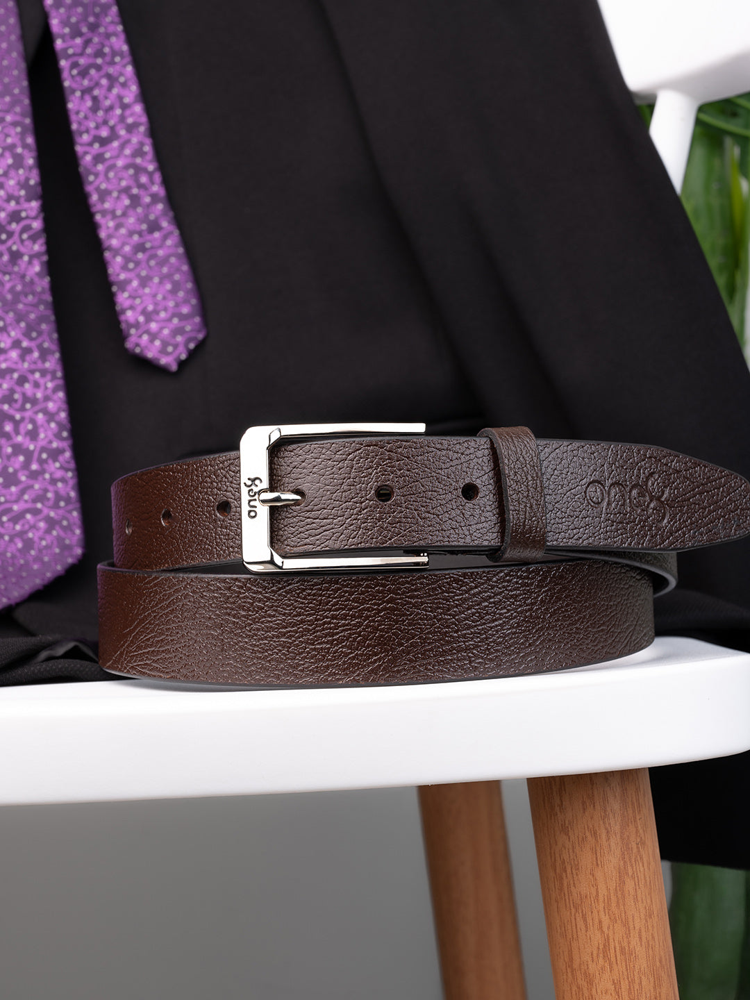 Textured Brown Leather Belt with Silver Buckle